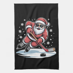 Linge De Cuisine Père Noël de Noël drôle jouant au hockey sur glace