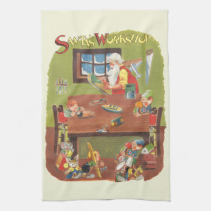 Linge De Cuisine Père Noël de Noël vintage avec des lutins dans l'a