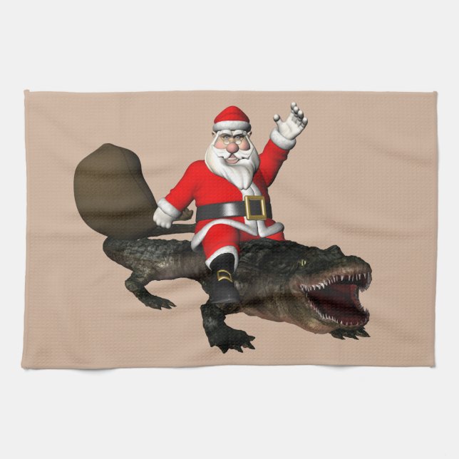 Linge De Cuisine Père Noël festif chevauchant un alligator (Horizontal)