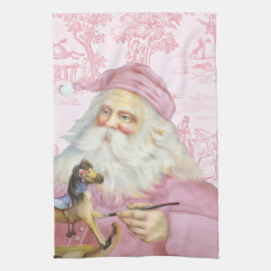 Linge De Cuisine Père Noël victorien rose sur toile de Jouy