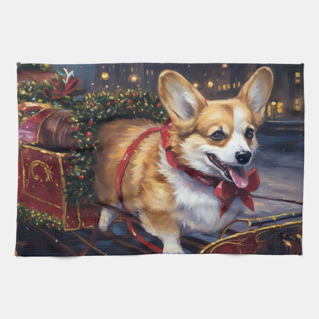 Linge De Cuisine Période festive de Noël Corgi (Horizontal)
