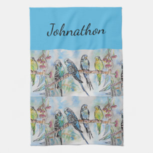 Linge De Cuisine Perroquet bleu Budgies Art Aquarelle Oiseaux Nom m