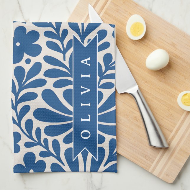 Linge De Cuisine Personalized Blue Folk Floral Nordic Custom (Quart Plié)