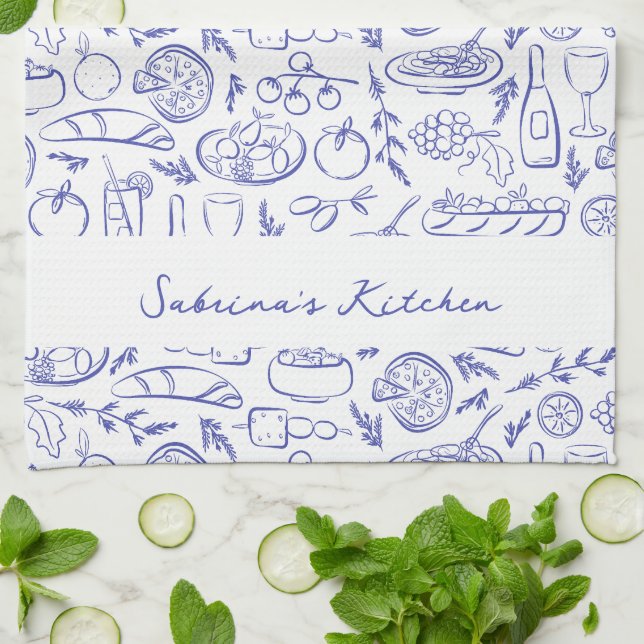 Linge De Cuisine Personalized Dolce Vita Italian Food Drawings Blue (Plié)