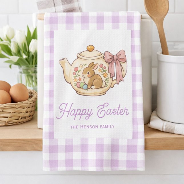 Linge De Cuisine Personalized Easter Bunny Teapot Gingham Family (Créateur téléchargé)