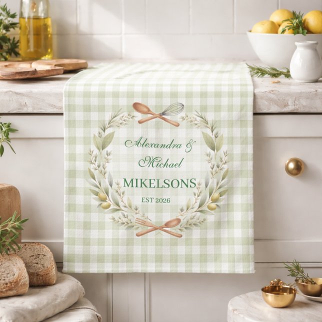 Linge De Cuisine Personalized Green Gingham Newlywed Wedding (Créateur téléchargé)