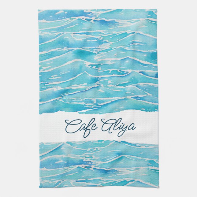 Linge De Cuisine Personalized Name Beach Waves Watercolor Novelty (Vertical)