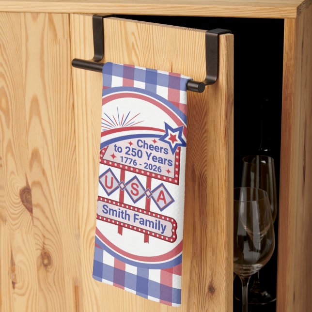 Linge De Cuisine Personalized USA 250–Patriotic Retro Marquee (Pliage en tiers)