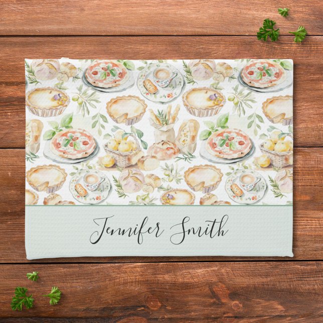 Linge De Cuisine Personalized Watercolor Mediterranean Food Pattern (In situ)