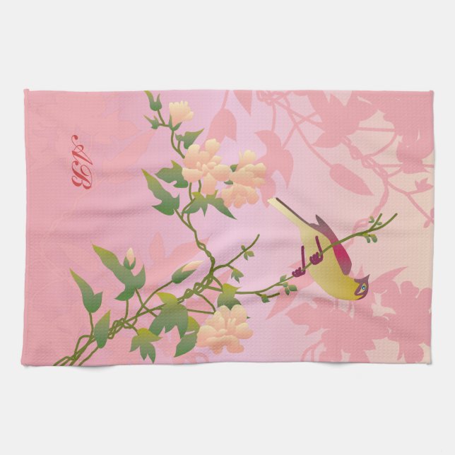 Linge De Cuisine Personnalisable : Fleurs et oiseau (Horizontal)