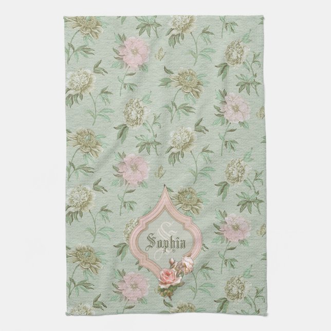 Linge De Cuisine Personnalisé Girly Chic Vert et rose Floral (Vertical)