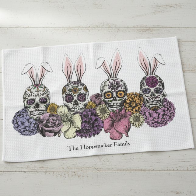 Linge De Cuisine Personnalisé Nom De Famille Sugar Skull Bunnies Ca (Sugar Skull Bunny Kitchen Towel for Easter. Colorful Calavera with Rabbit Ears Illustration in Black)