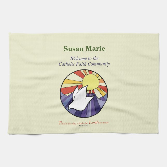 Linge De Cuisine Personnaliser le nom, RCIA Dove Circle sur Jaune (Horizontal)