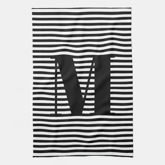 Linge De Cuisine Personnaliser monogramme initial noir blanc rayure (Vertical)