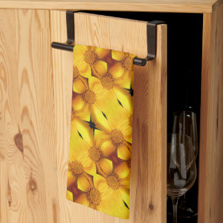Linge De Cuisine Pétales Fleurs Jaunes Et Motif Centre