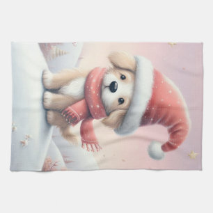 Linge De Cuisine Petit chiot de Noël en chapeau santa