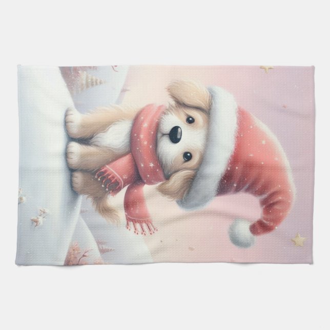 Linge De Cuisine Petit chiot de Noël en chapeau santa (Horizontal)