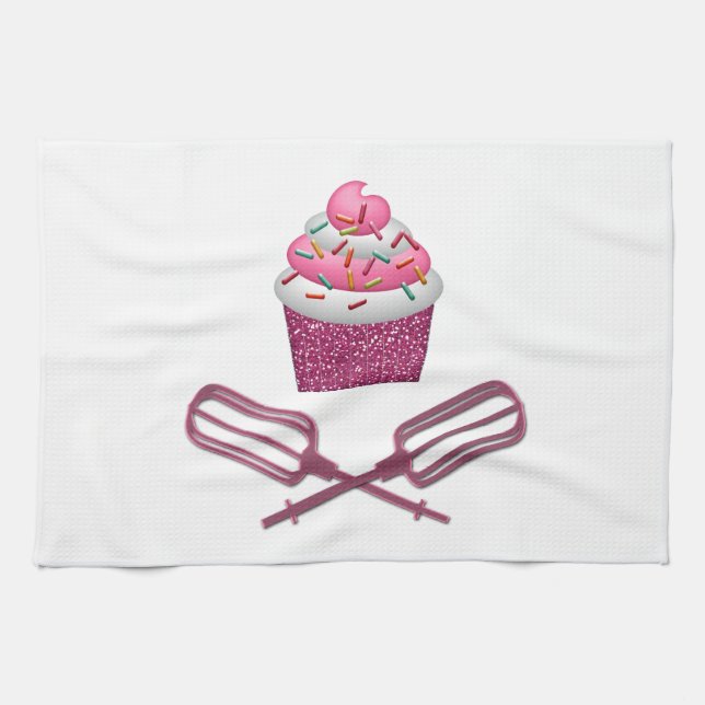 Linge De Cuisine Petit gâteau et batteurs croisés dans le rose (Horizontal)