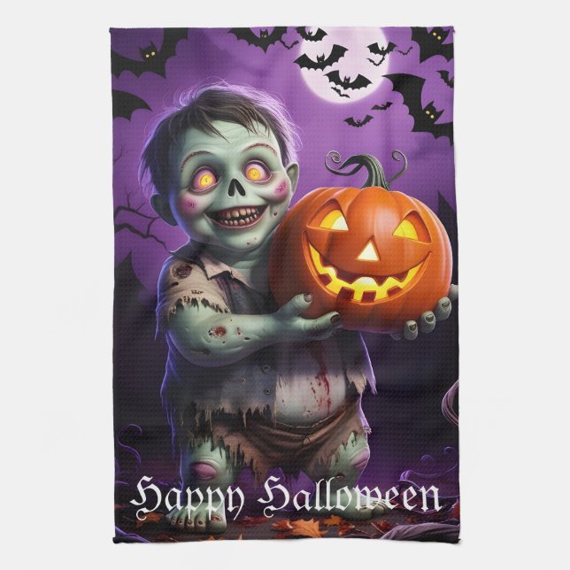 Linge De Cuisine Petit Monstre Vert et ami Citrouille (Vertical)