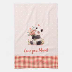 Linge De Cuisine Petit Panda tenant Fleurs Mères Jour Cadeau