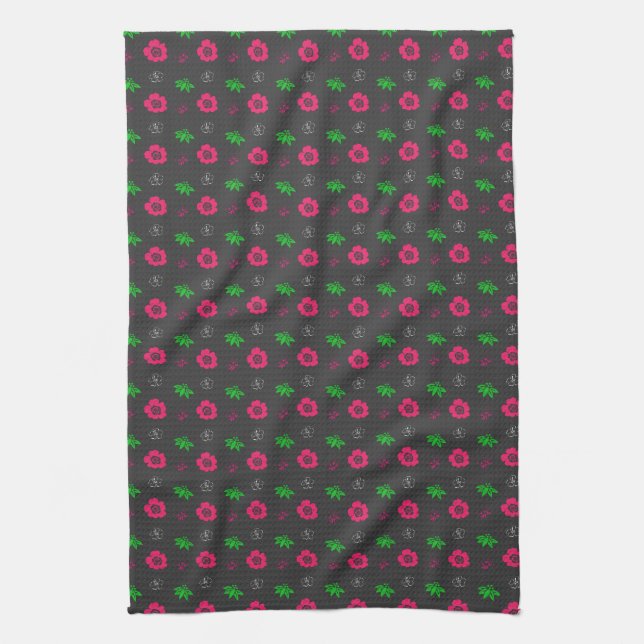 Linge De Cuisine petites fleurs roses et feuilles verts. Flèche gra (Vertical)