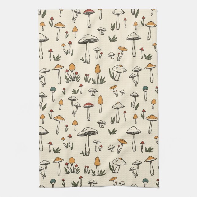 Linge De Cuisine Petits champignons de forêt sur fond beige (Vertical)