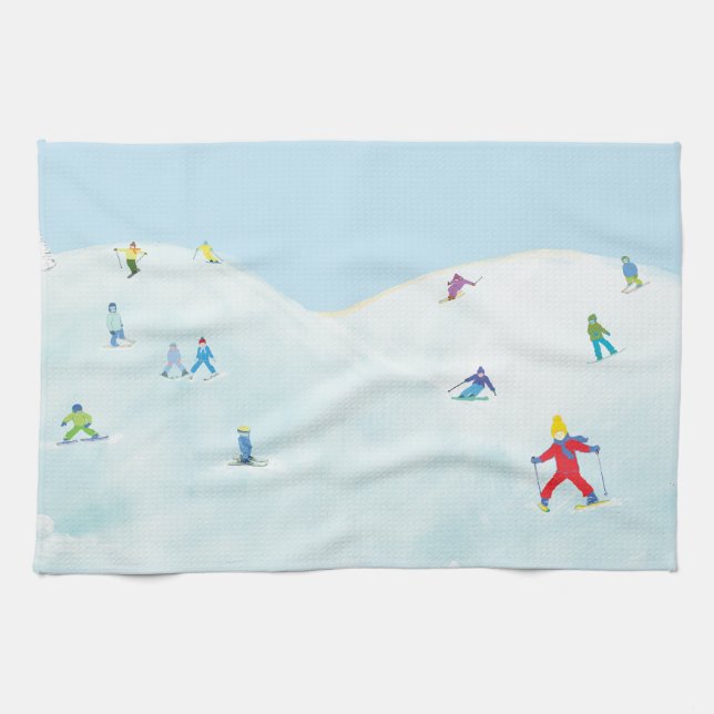 Linge De Cuisine Petits skieurs sur une colline enneigée (Horizontal)