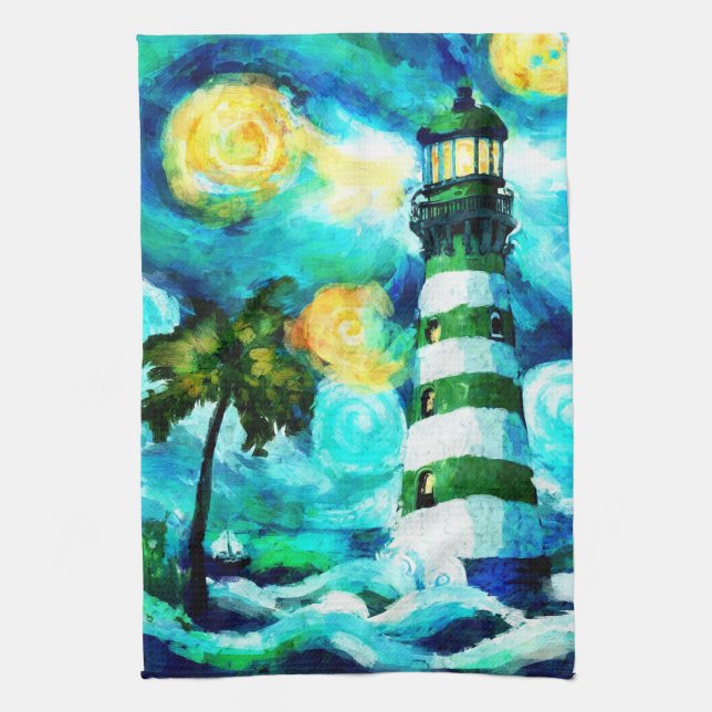 Linge De Cuisine Phare Tropical & Palm Trees Impressionniste (Vertical)