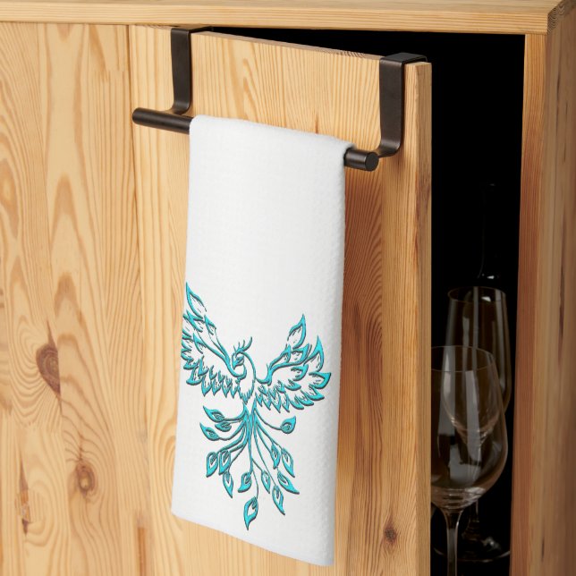 Linge De Cuisine Phoenix bleu turquoise se lève sur l'argent (Pliage en tiers)