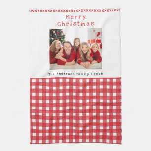 Linge De Cuisine Photo de famille Rouge Gingham Joyeux Noël Vacance