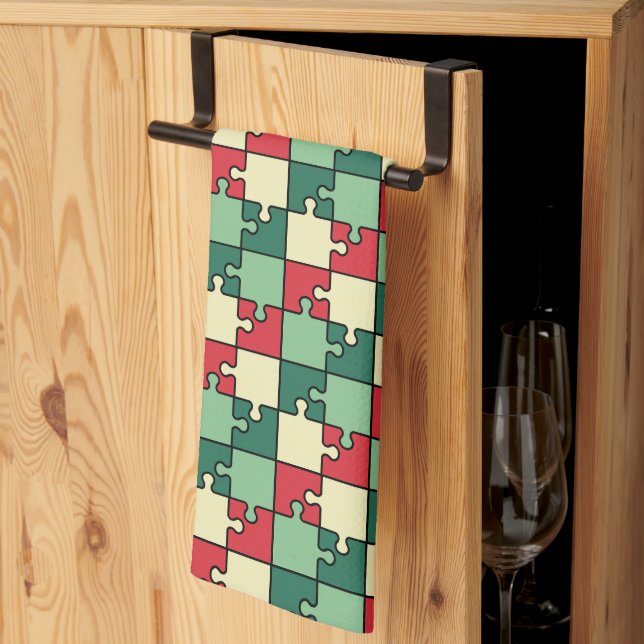 Linge De Cuisine Pièces de puzzle géométrique rouge vert Motif (Pliage en tiers)