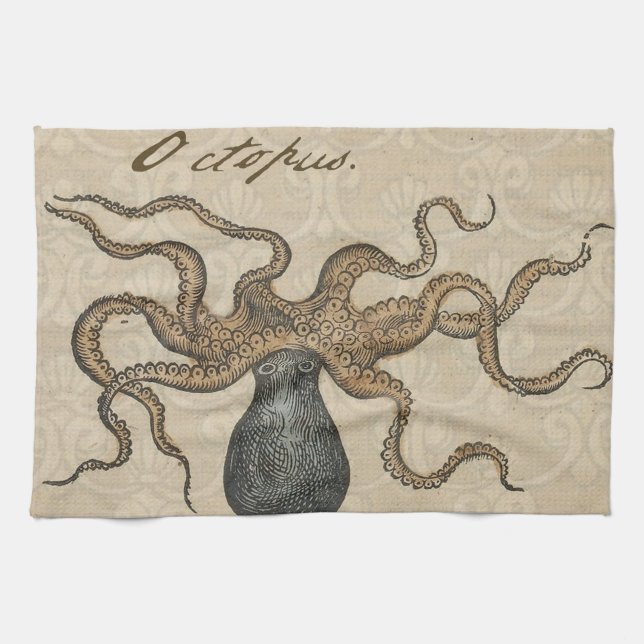 Linge De Cuisine Pieuvre Kraken Antique Faune Marine Côtière (Horizontal)