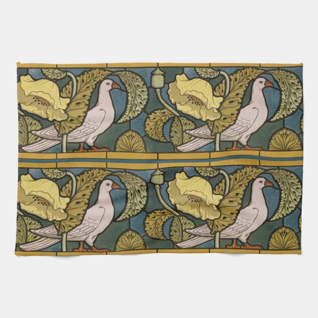 Linge De Cuisine Pigeon Blue Yellow Fish Art Nouveau (Horizontal)