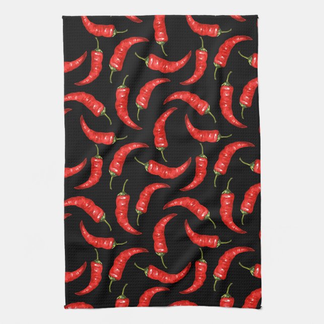 Linge De Cuisine Piments chili sur noir (Vertical)