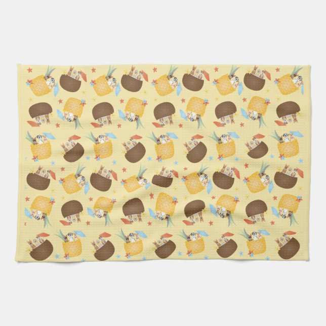 Linge De Cuisine Pina Colada Pineappy Chiens de noix de coco Motif (Horizontal)