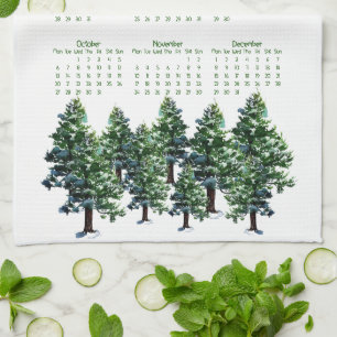 Linge De Cuisine Pine Arbres aquarelle calendrier de peinture 2025