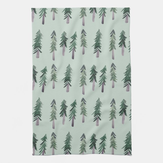 Linge De Cuisine Pine Arbres forêt Motif Aquarelle Vert (Vertical)