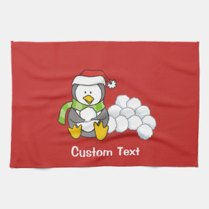 Linge De Cuisine Pingouin de Noël assis avec des boules de neige
