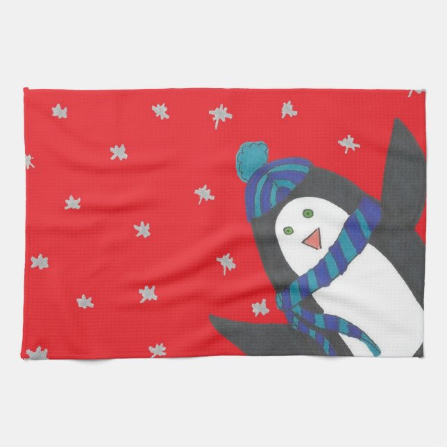 Linge De Cuisine Pingouin de Noël en rouge (Horizontal)