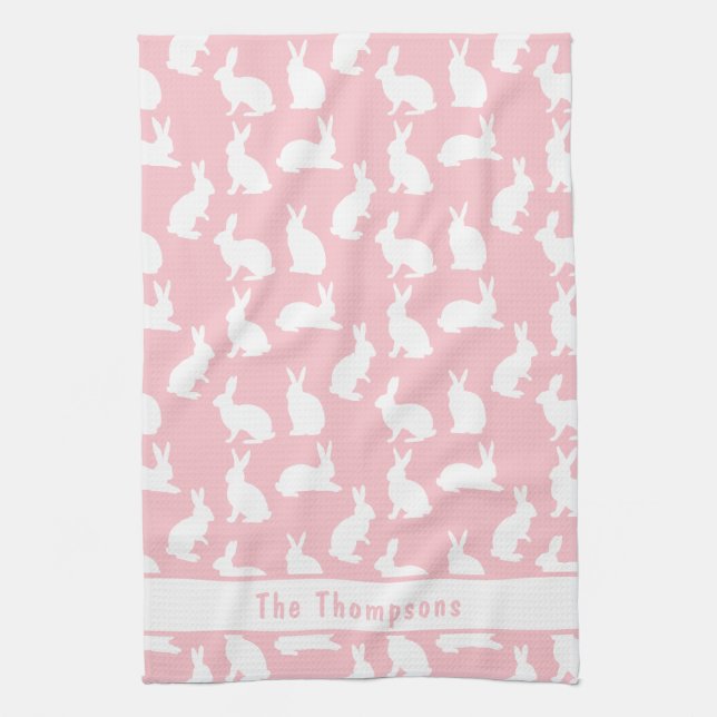 Linge De Cuisine Pink And White Bunny Pattern And Name Easter (Vertical)