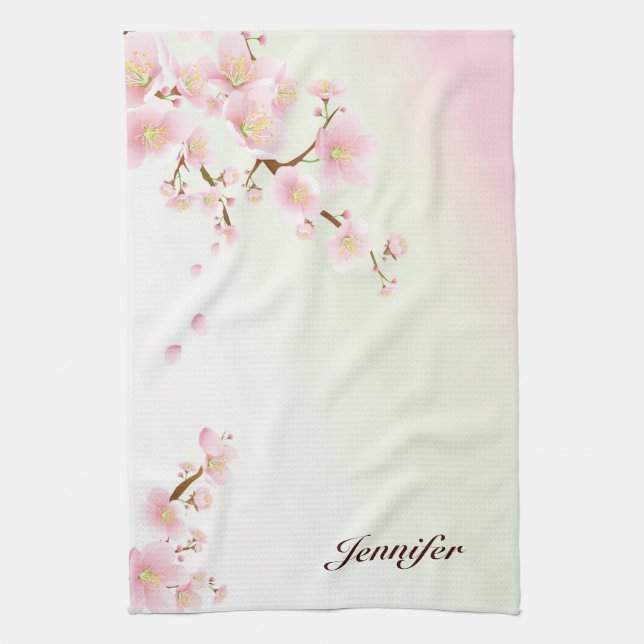 Linge De Cuisine Pink and White Cherry Blossom Nature Monogram (Vertical)