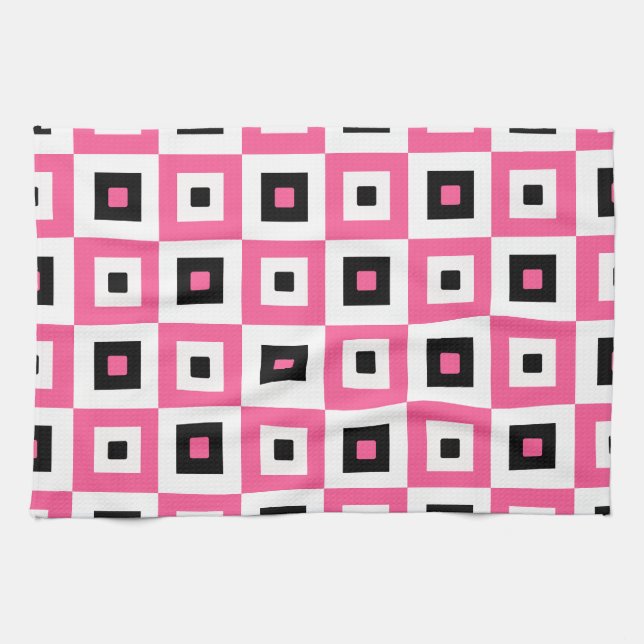 Linge De Cuisine Pink Black and White Checkered Squares Pattern (Horizontal)