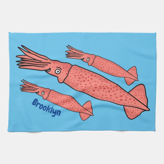 Linge De Cuisine Pink happy squid cartoon illustration  (Horizontal)