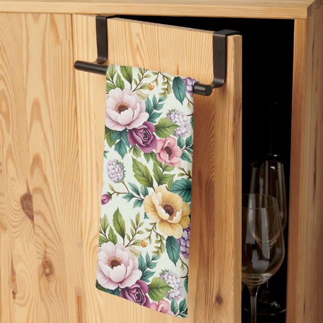 Linge De Cuisine Pink Lavender and Yellow Chinoiserie Flowers (Pliage en tiers)
