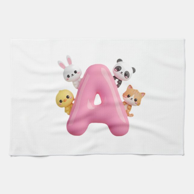 Linge De Cuisine Pink Letter A Forest Animals Kitchen Towel (Horizontal)