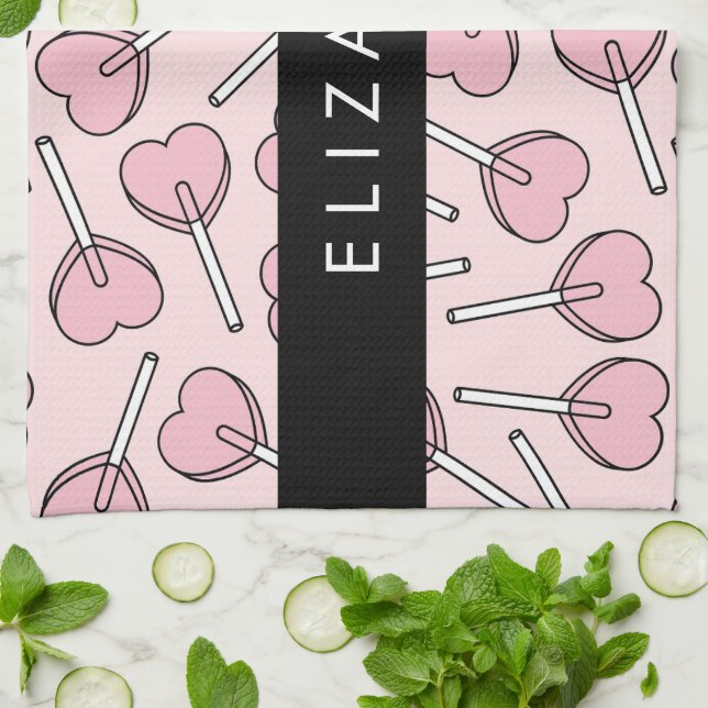 Linge De Cuisine Pink Lollipops, Heart Lollipops, Lolly, Your Name (Plié)