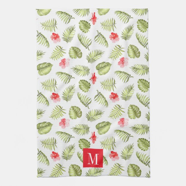 Linge De Cuisine Pink Monogramme Tropical Palm Feuille Motif (Vertical)