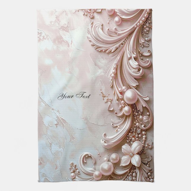 Linge De Cuisine Pink Ornate Pearl and Floral Kitchen Towel (Vertical)