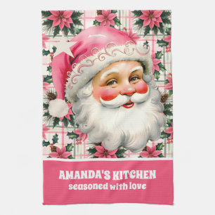 Linge De Cuisine Pink Retro Santa Claus Noël Floral Plaid