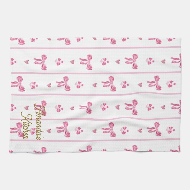 Linge De Cuisine Pink Watercolor Bow Stripes Coquette Esthétique (Horizontal)